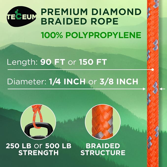 TECEUM Rope – 150 Feet x 1/4 Inch – Orange Gray – Strong All-Purpose Utility - Image 2
