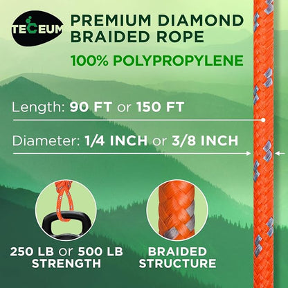 TECEUM Rope – 150 Feet x 1/4 Inch – Orange Gray – Strong All-Purpose Utility - Image 2