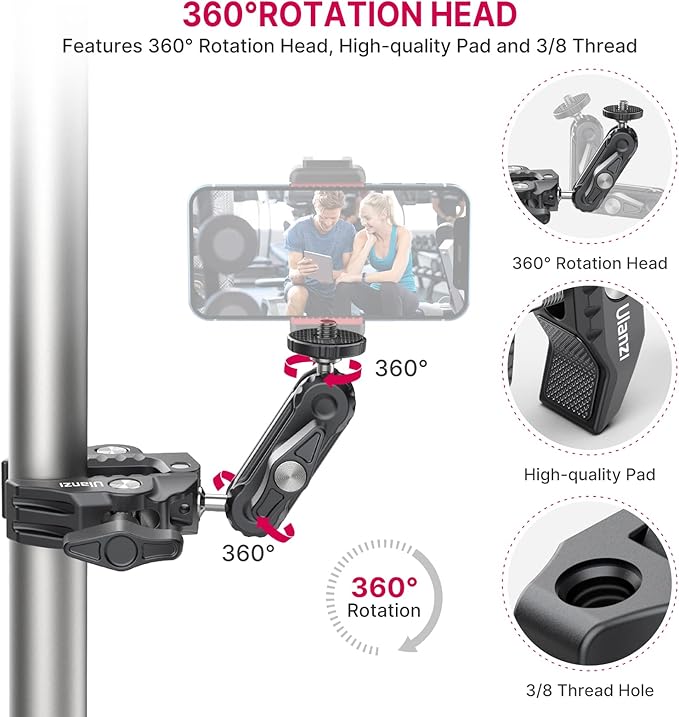 ULANZI Super Clamp Camera Clamp Mount Monitor 360° Ballhead Magic Arm Double - Image 2