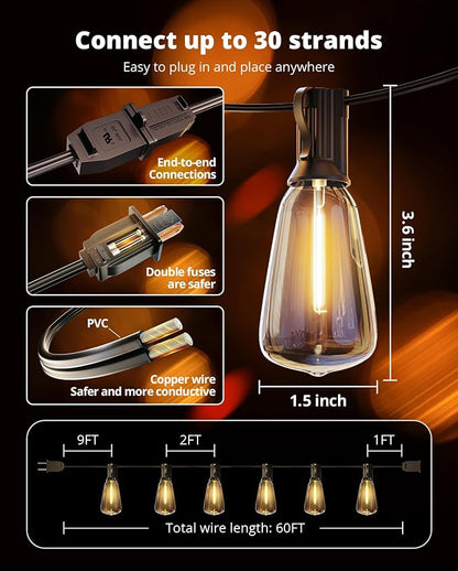 VIPAR Outdoor String Lights 60FT LED Patio Lights LED Waterproof - Image 8