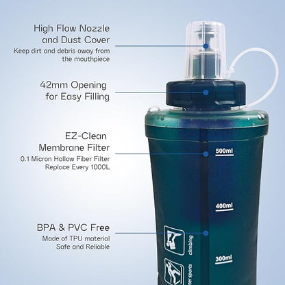 GUYI 500ml Collapsible Water Filter Bottle, Removes Impurities, BPA Free - Image 2