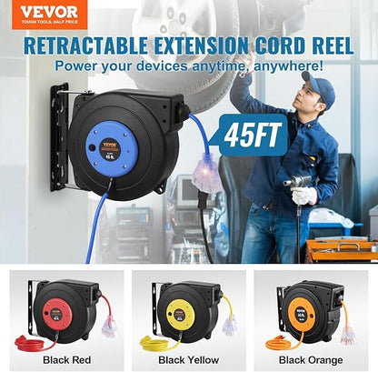 VEVOR Retractable Extension Cord Reel, 45 FT, Heavy Duty 12AWG/3C SJTOW - Image 2