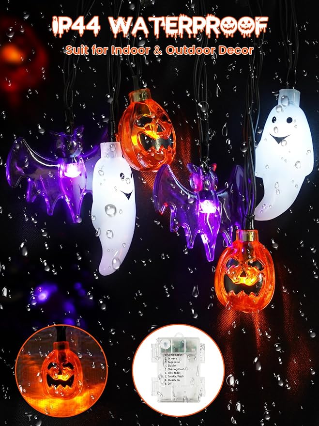 Halloween String Lights, 3D Pumpkin Bat Ghost Fairy Lights Battery Operated - Image 3