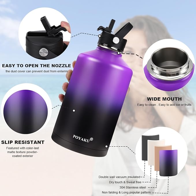 Water Bottle Insulated 32oz 40oz 64oz 128oz Straw Lid Spout Lid & 3 Lids - Image 5