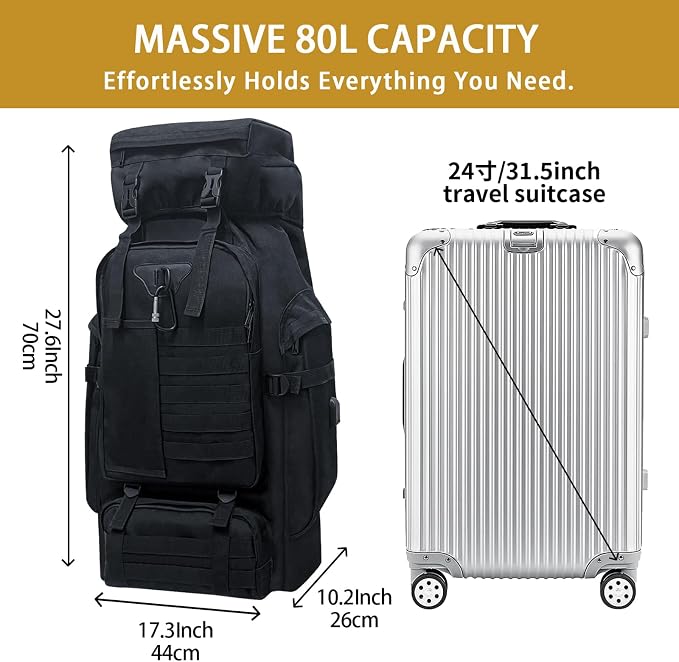 80L Camping Hiking Backpack, Large Military Tactical Backpack - Image 3