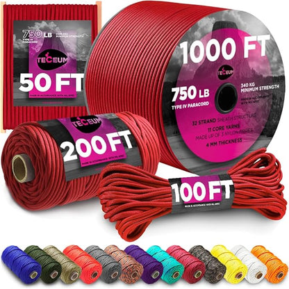 TECEUM 5/32" Paracord Rope 1000 – 1000ft / 200ft / 100ft / 50ft – Tactical by TECEUM