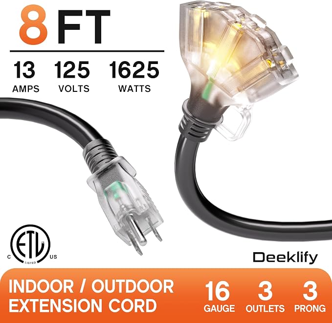 8 ft 16/3 awg 3 Outlet Extension Cord Splitter - Image 2