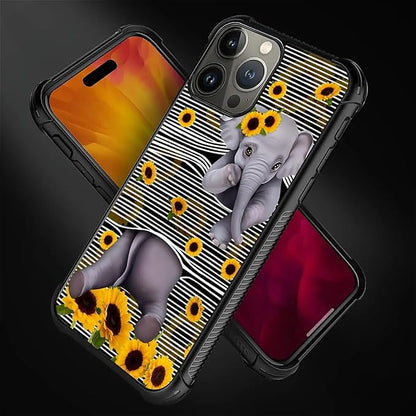for iPhone 15 Pro Case, Cute Little Elephant Sunflower White Line Art Pattern - Image 7
