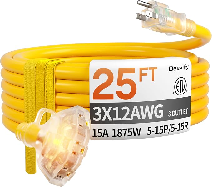 25 ft 12 Gauge Heavy Duty 3 Outlet Extension Cord Splitter by Deeklify