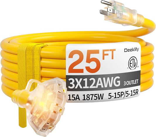 25 ft 12 Gauge Heavy Duty 3 Outlet Extension Cord Splitter by Deeklify