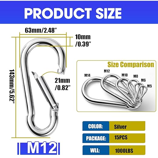 15Pack 5.5 Inch Spring Snap Hooks, Heavy Duty Carabiner Clips - Image 2