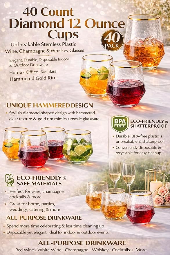 Oojami 40 count Diamond 12 Ounce Cups Unbreakable Stemless Plastic Wine - Image 5