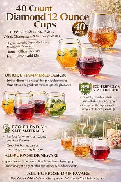 Oojami 40 count Diamond 12 Ounce Cups Unbreakable Stemless Plastic Wine - Image 5