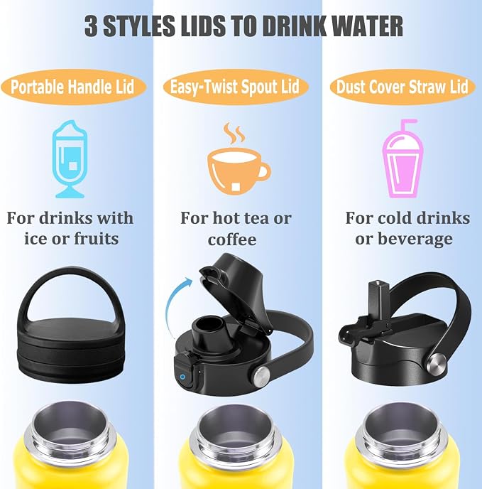Water Bottle Insulated 32oz 40oz 64oz 128oz Straw Lid Spout Lid & 3 Lids - Image 8