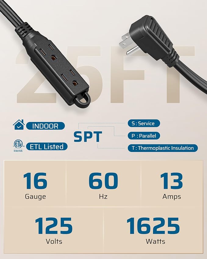 DEWENWILS Flat Plug Extension Cord, 25 FT 16/3 Awg Grounded Power Cable - Image 2