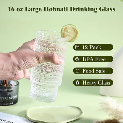 Large Capacity 16 oz Hobnail Drinking Glasses Set of 12, Vintage Glassware - Image 2