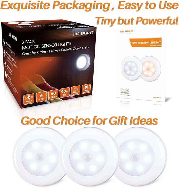 STAR-SPANGLED 3 Pack 2.8” Motion Sensor Lights Indoor AAA Battery Operated - Image 6