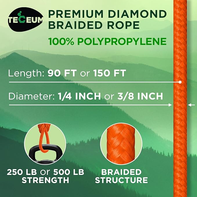 TECEUM Rope – 90 Feet x 1/4 Inch – Orange – Strong All-Purpose Utility Rope – - Image 2