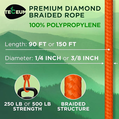 TECEUM Rope – 90 Feet x 1/4 Inch – Orange – Strong All-Purpose Utility Rope – - Image 2
