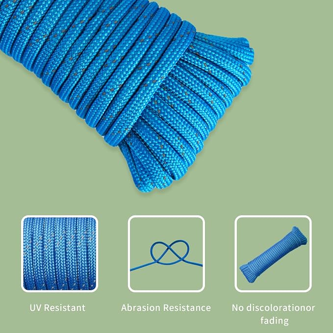 Paracord Rope, Reflective III Parachute Cord 7 Strand Core 550lb, 100ft Blue - Image 4