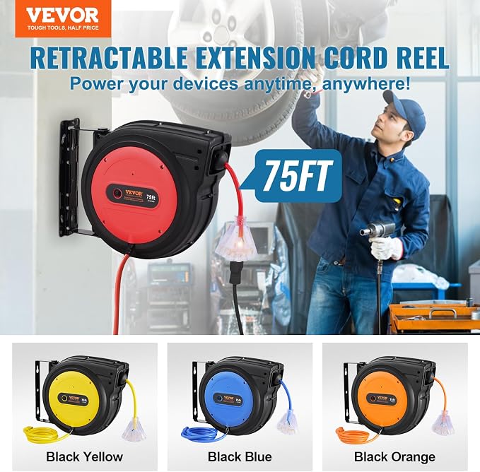 VEVOR 75FT Retractable Extension Cord Reel, 14AWG/3C SJTOW Heavy Duty Power - Image 2