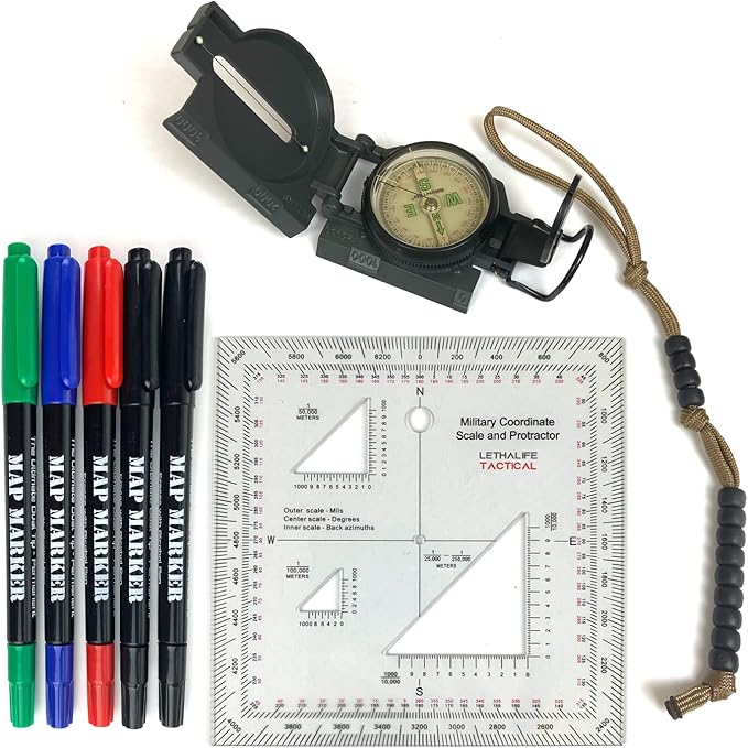 Land Nav Kit with Lensatic Compass, Protractor, Pace Counter & Map Markers by Lifefficient