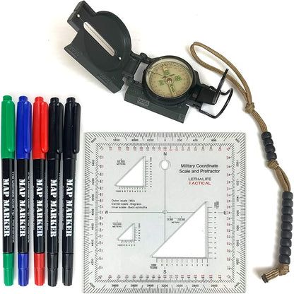 Land Nav Kit with Lensatic Compass, Protractor, Pace Counter & Map Markers by Lifefficient