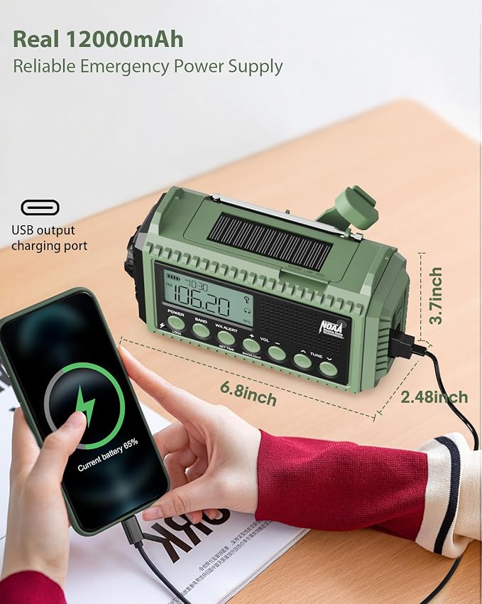 Emergency Weather Radio, Hand Crank 12000mAh Battery Powered Auto Alert NOAA - Image 4