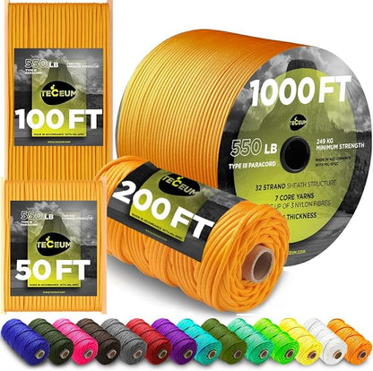 TECEUM 5/32" Paracord Rope 1000 – 1000ft / 200ft / 100ft / 50ft – Tactical by TECEUM