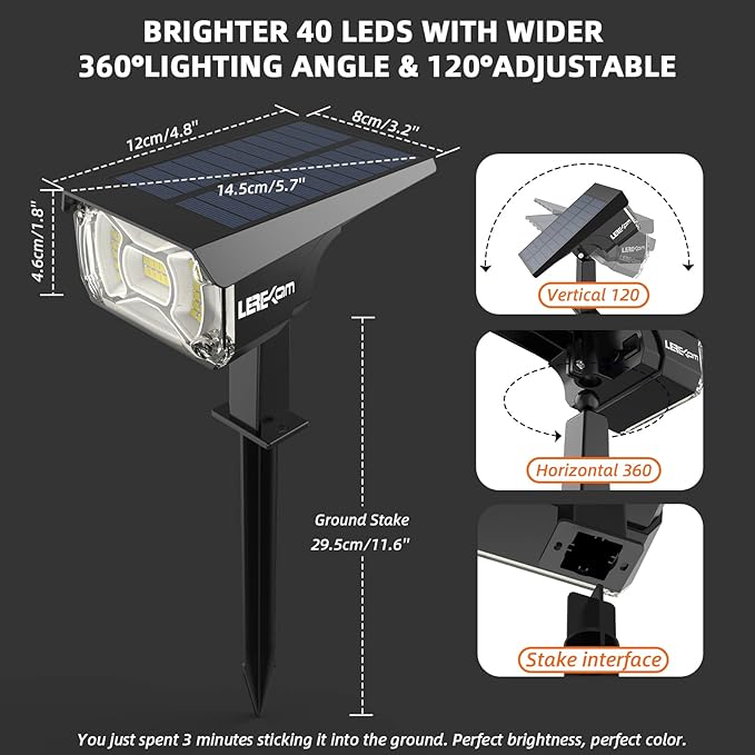 LEREKAM Solar Spot Lights, IP65 Waterproof 40 LED's Landscape Spotlights - Image 6