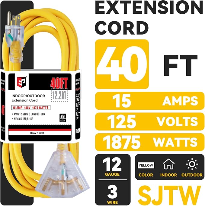 EP 40 Ft 12 Gauge Heavy Duty Extension Cord, 15A 125V 1875W, 3 Outlet - Image 2