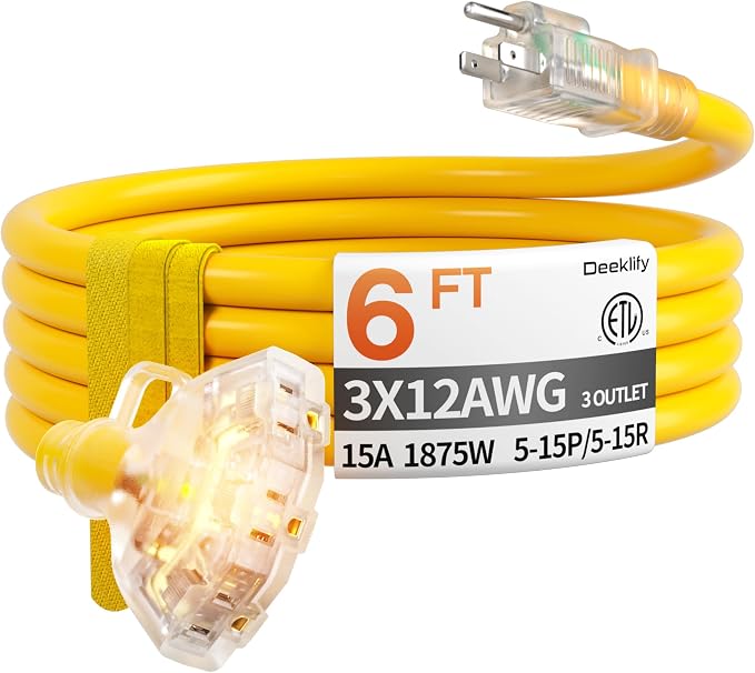 6 ft 12 Gauge Heavy Duty 3 Outlet Extension Cord Splitter by Deeklify