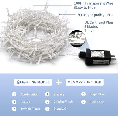 JMEXSUSS 300 LED Christmas Lights Clear Wire, 8 Modes White Christmas String - Image 4