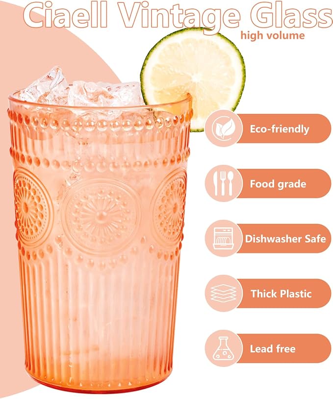 Ciaell 12 Pack Romantic Plastic Water Glasses - 14 Oz Amber Vintage Drinking - Image 6