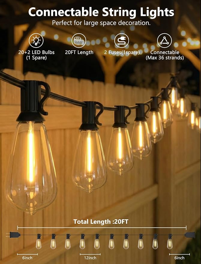 20FT LED Outdoor String Lights, Edison Lights Outdoor String - Image 2