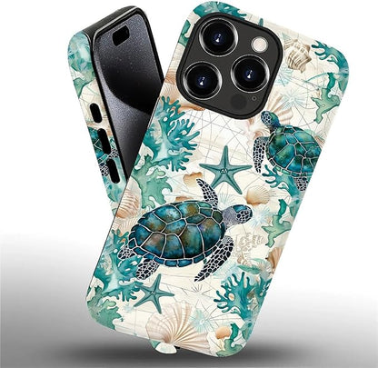 for iPhone 16 Pro Case, HH2 Ocean Sea Turtle Nautical Map Hybrid 2 Layer Hard - Image 2