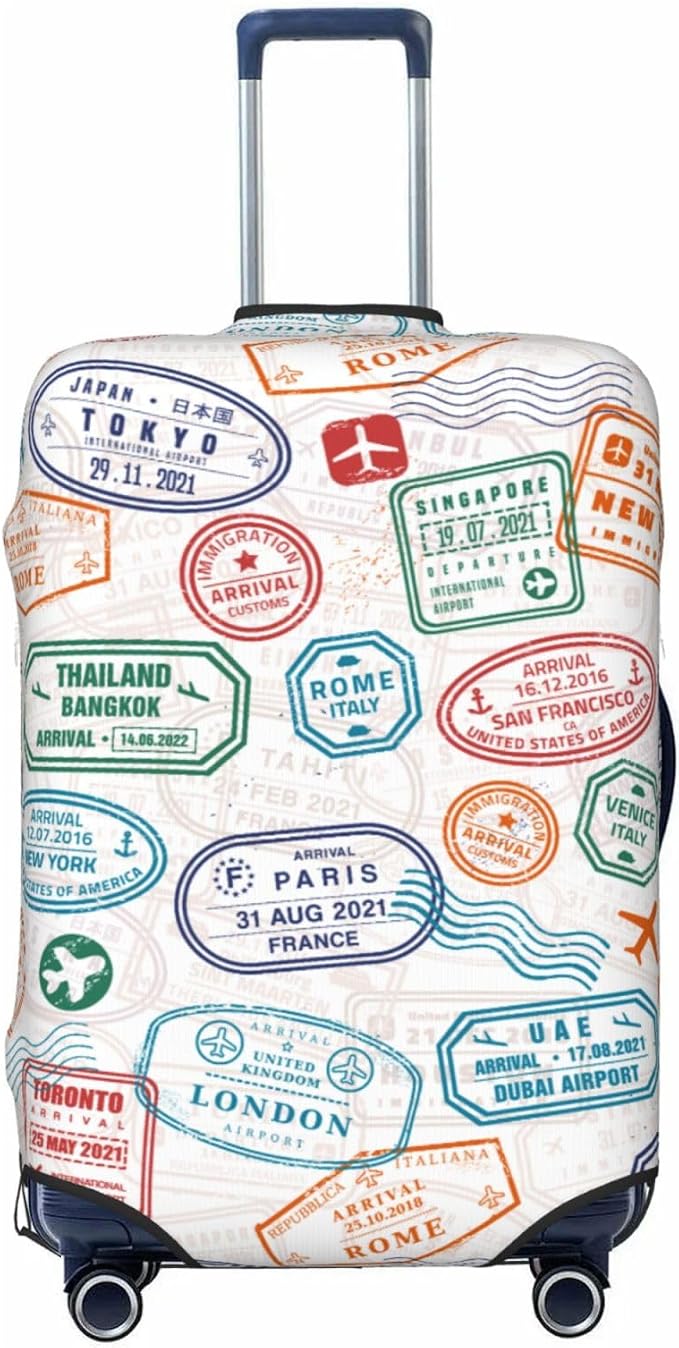 Luggage Cover with World City Stamps & Airplane Pattern, Suitcase Protector by XBFCDN