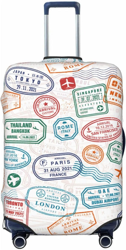 Luggage Cover with World City Stamps & Airplane Pattern, Suitcase Protector by XBFCDN