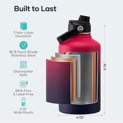 BUZIO 64oz Insulated Water Bottle Stainless Steel Double Wall Leak Proof Half - Image 4