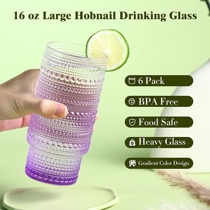 Large Capacity 16 oz Hobnail Drinking Glasses Set of 6, Vintage Glassware - Image 2
