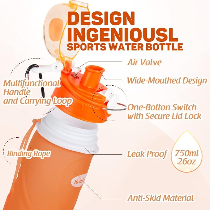 Kemier Collapsible Silicone Water Bottles-750ML, Medical Grade, BPA Free Travel - Image 4