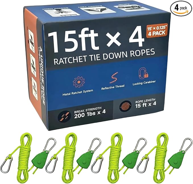 Longer 15ft Ratchet Straps Ropes Tie Down Rope Strap Small Mini Reflctive by KOKKOYA