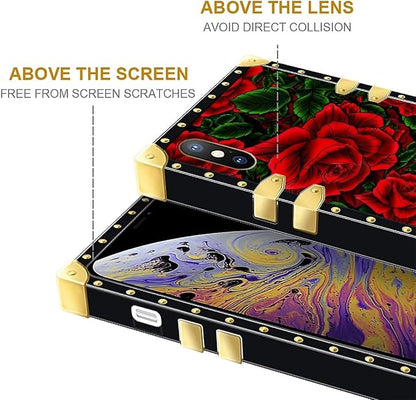 Compatible with iPhone XR Case, Vector Red Rose Green Leaf Luxury Golden - Image 7