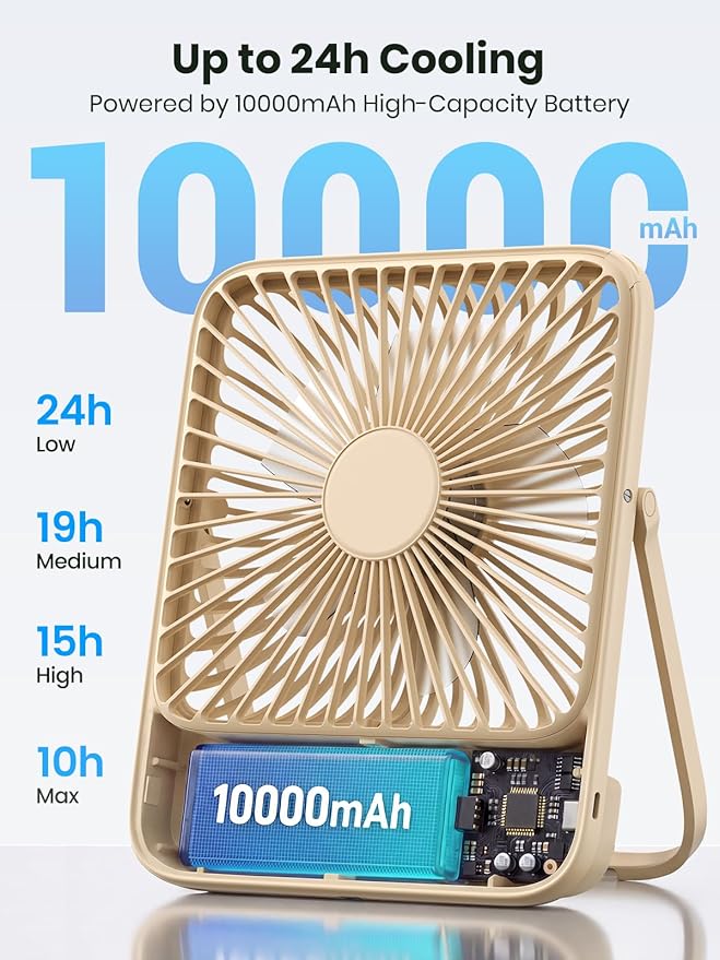 Warmco 10000mAh Portable Travel Fan 7-inch, Max 24H Runtime, Ultra-thin Quiet - Image 2