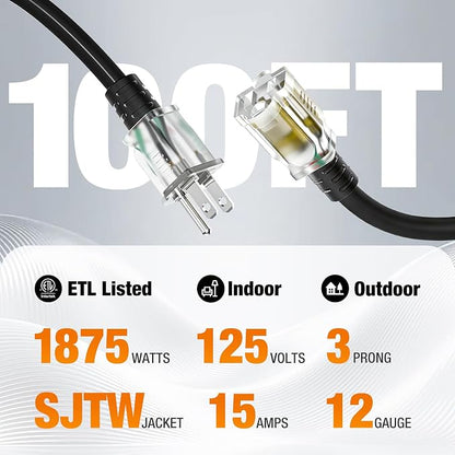 Outdoor Extension Cord 100 FT Waterproof, 12/3 Gauge Heavy Duty 3 Prong Power - Image 2