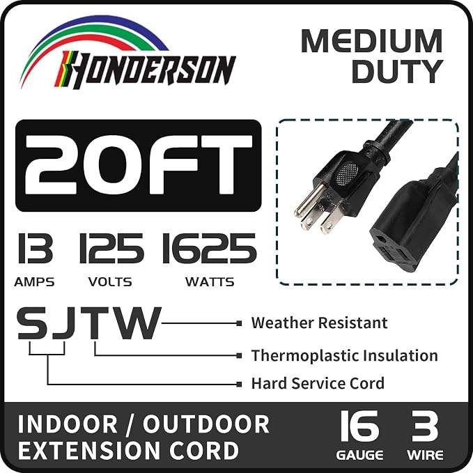 20FT Outdoor Extension Cord-16/3 SJTW Durable Black Extension Cord - Image 2