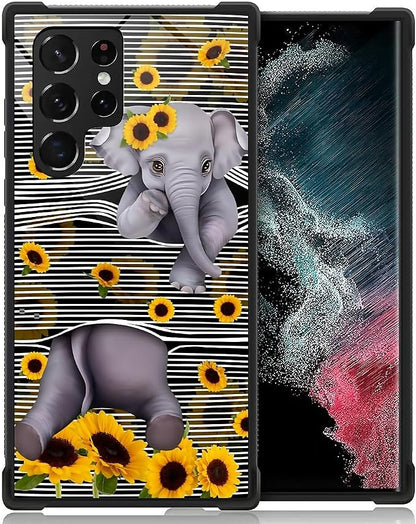 for Samsung Galaxy S22 Ultra Case, Cute Little Elephant Sunflower White Line by FKBRCL4U