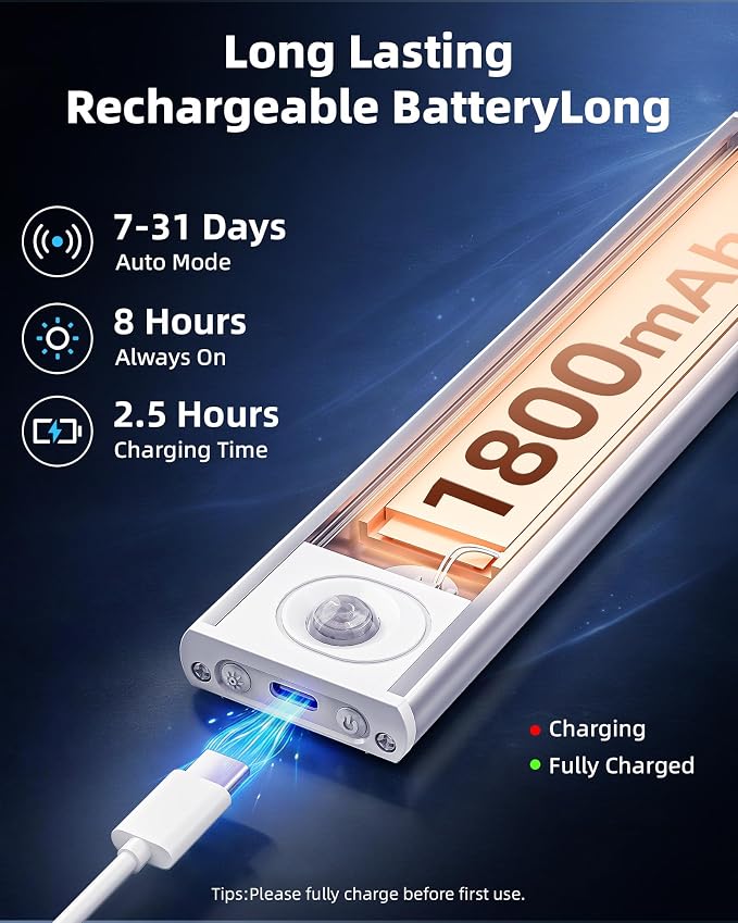 8inch Under Cabinet Lighting Wireless, LED Closet Lights USB Charging, 3 Color - Image 3