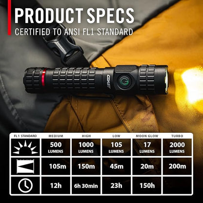 Coast PX200R 2000 Lumen Rechargeable LED Flashlight, Twist Focus, 2-Position - Image 3