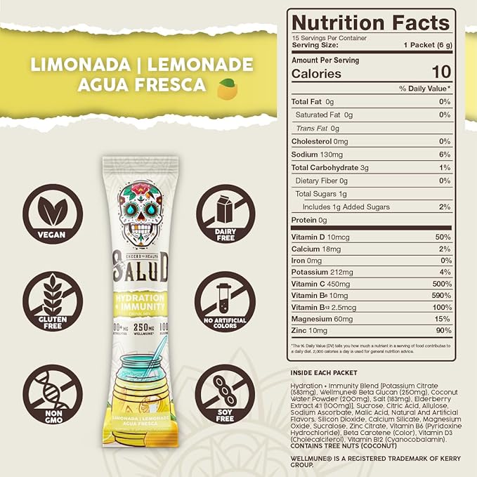 Salud 2-in-1 Hydration Packets + Immunity Electrolytes Powder, Lemonade - Image 3